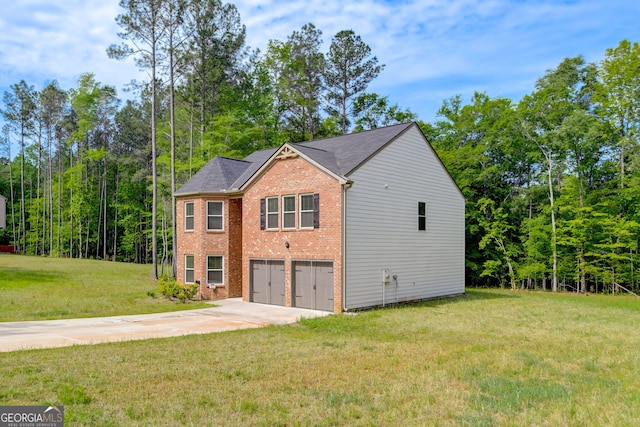 view of property exterior featuring a yard and a garage