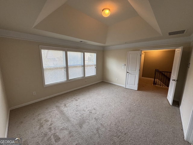 unfurnished bedroom featuring carpet and a raised ceiling