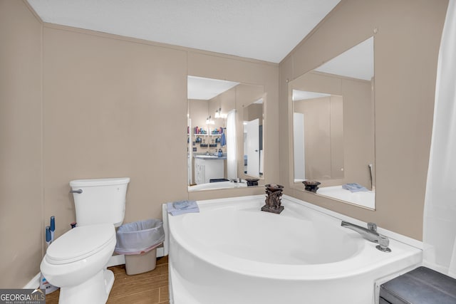 bathroom featuring a washtub, toilet, and wood-type flooring