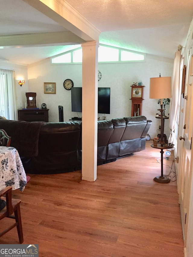 living room featuring a wealth of natural light, vaulted ceiling, and hardwood / wood-style flooring