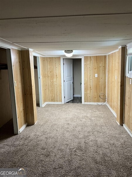 interior space featuring carpet flooring and wooden walls