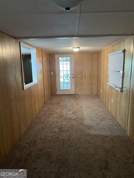 spare room featuring carpet floors and wooden walls