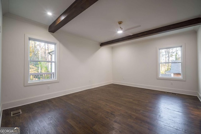 unfurnished room featuring beam ceiling and dark wood-type flooring