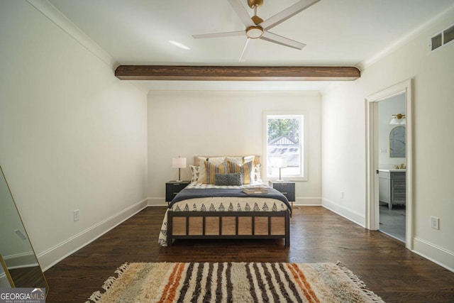 bedroom featuring beam ceiling, dark hardwood / wood-style floors, and ceiling fan