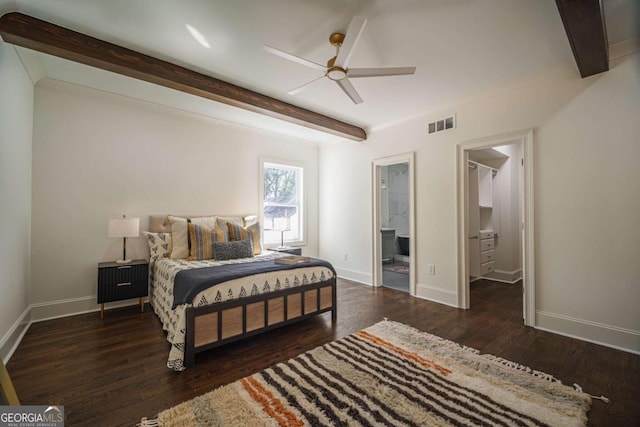 bedroom featuring ensuite bath, ceiling fan, dark hardwood / wood-style flooring, and beamed ceiling