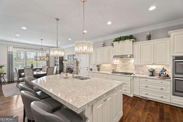 kitchen featuring a fireplace, stainless steel appliances, sink, and an island with sink