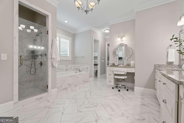 full bathroom with crown molding, an inviting chandelier, plus walk in shower, and toilet