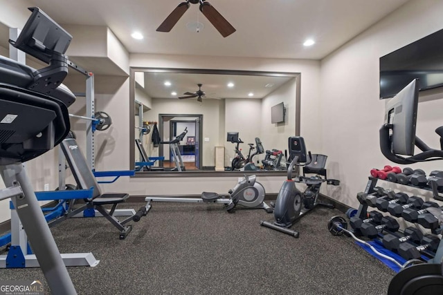 workout area featuring ceiling fan