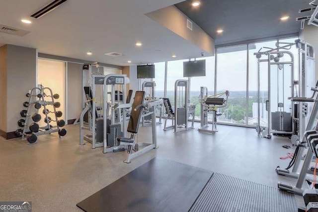 gym featuring a wall of windows