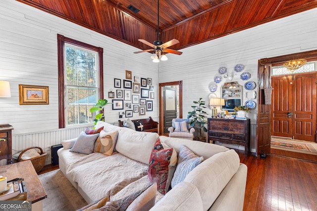 living room with ceiling fan with notable chandelier, wood walls, wooden ceiling, and dark wood-type flooring