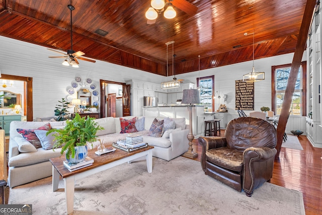 living room with ceiling fan and wood ceiling