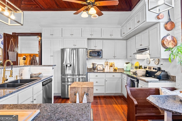 kitchen with white cabinets, sink, decorative light fixtures, wood ceiling, and stainless steel appliances