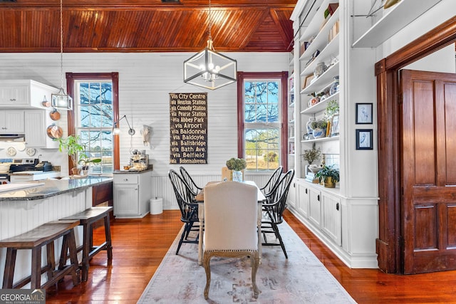 dining space featuring built in shelves, wood ceiling, dark wood-type flooring, and a notable chandelier