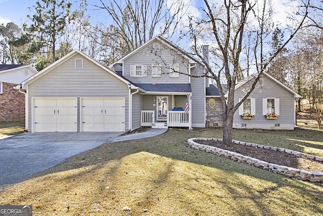 view of front property featuring a front lawn, covered porch, and a garage