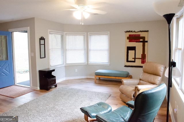 living area featuring ceiling fan and light wood-type flooring