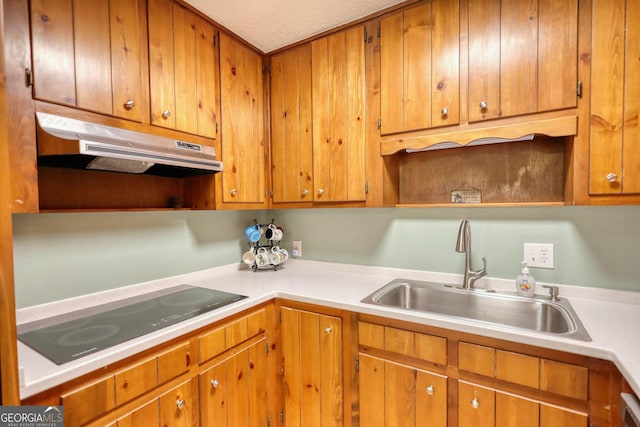 kitchen featuring under cabinet range hood, black electric stovetop, light countertops, and a sink