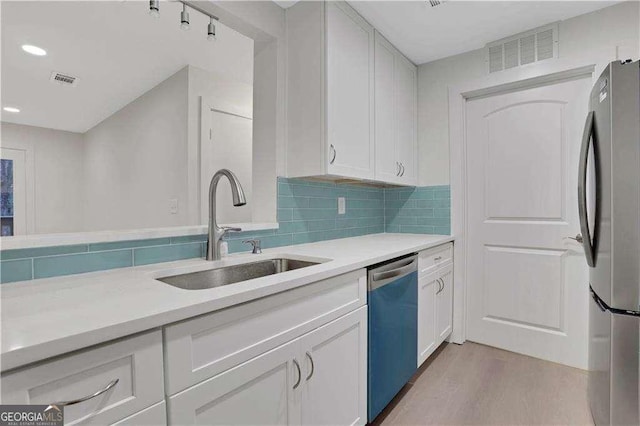 kitchen with backsplash, sink, white cabinets, and appliances with stainless steel finishes