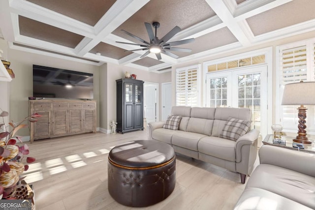 living room with beamed ceiling, ornamental molding, and coffered ceiling