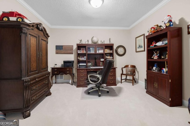 carpeted office space with a textured ceiling and crown molding