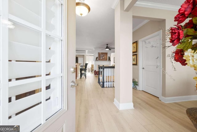 entrance foyer with light wood-type flooring, ceiling fan, and ornamental molding