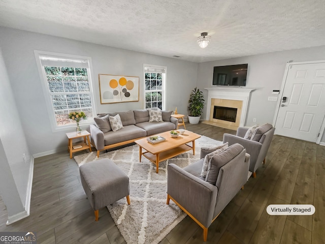 living room with dark hardwood / wood-style floors and a textured ceiling