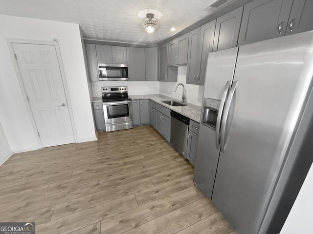 kitchen featuring light wood-type flooring, a textured ceiling, stainless steel appliances, sink, and gray cabinets