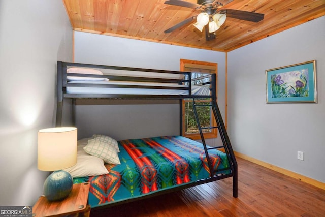 bedroom featuring hardwood / wood-style floors, ceiling fan, and wood ceiling