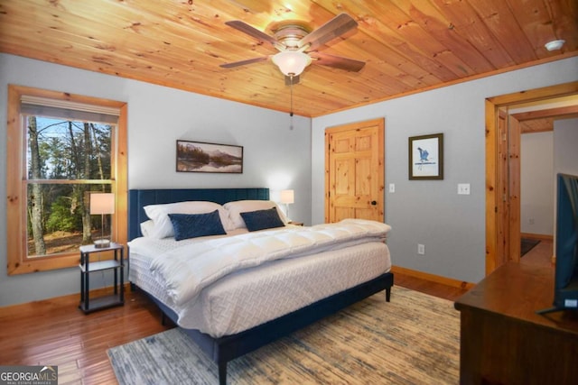 bedroom with hardwood / wood-style floors, ceiling fan, and wooden ceiling