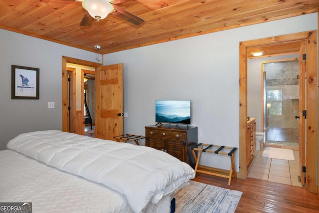 bedroom featuring connected bathroom, ceiling fan, wooden ceiling, and light hardwood / wood-style floors