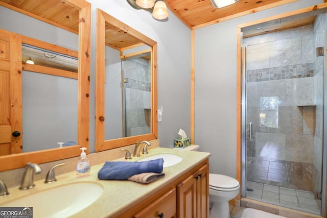 bathroom featuring vanity, toilet, wood ceiling, and walk in shower