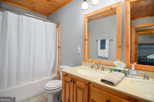 full bathroom featuring vanity, tile patterned floors, toilet, shower / bath combo with shower curtain, and wood ceiling