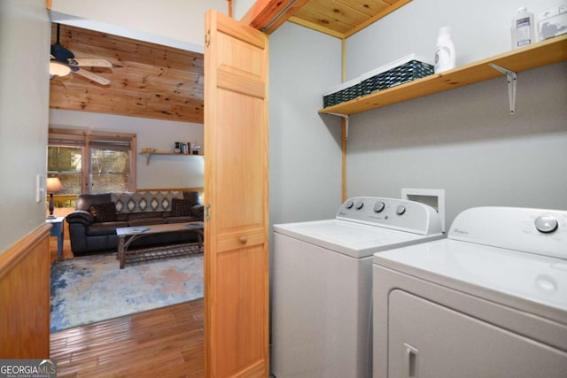 laundry room with hardwood / wood-style floors, ceiling fan, washer and clothes dryer, and wood ceiling