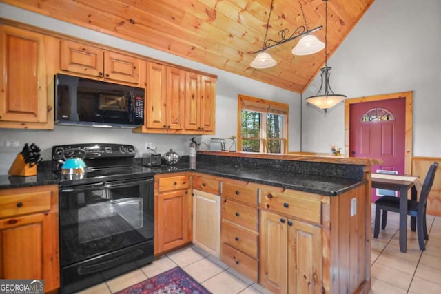 kitchen featuring vaulted ceiling, kitchen peninsula, black appliances, and decorative light fixtures