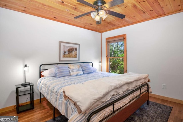 bedroom featuring hardwood / wood-style flooring, ceiling fan, and wood ceiling