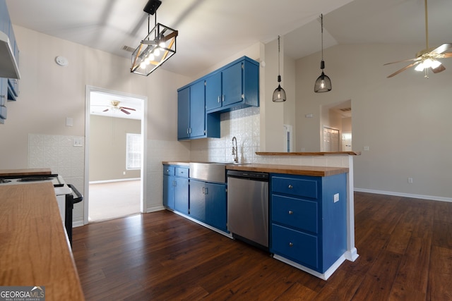 kitchen with dishwasher, blue cabinetry, butcher block countertops, and decorative light fixtures