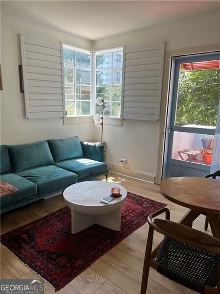 living room with light hardwood / wood-style floors and a wealth of natural light