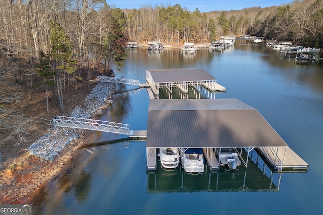 view of dock with a water view