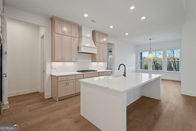 kitchen featuring premium range hood, stainless steel gas stovetop, wood-type flooring, sink, and a center island with sink