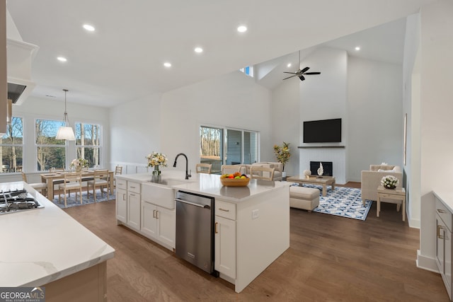 kitchen with dark hardwood / wood-style floors, pendant lighting, white cabinets, a kitchen island with sink, and stainless steel appliances