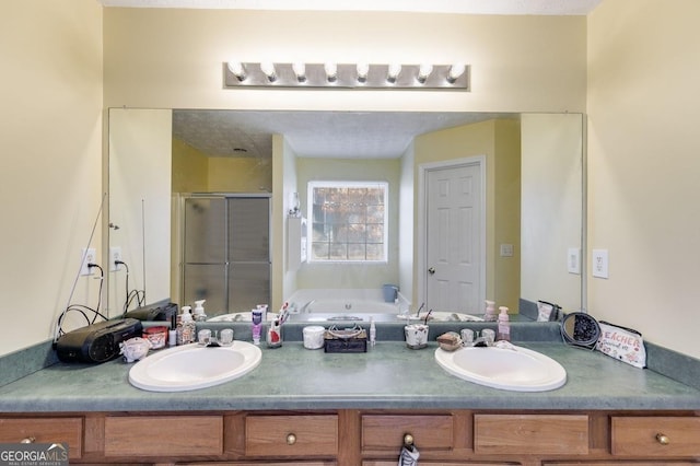 bathroom featuring vanity and independent shower and bath