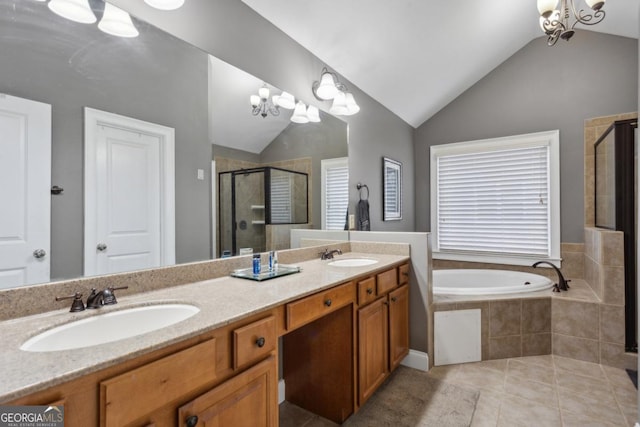 bathroom with tile patterned flooring, vanity, separate shower and tub, an inviting chandelier, and lofted ceiling