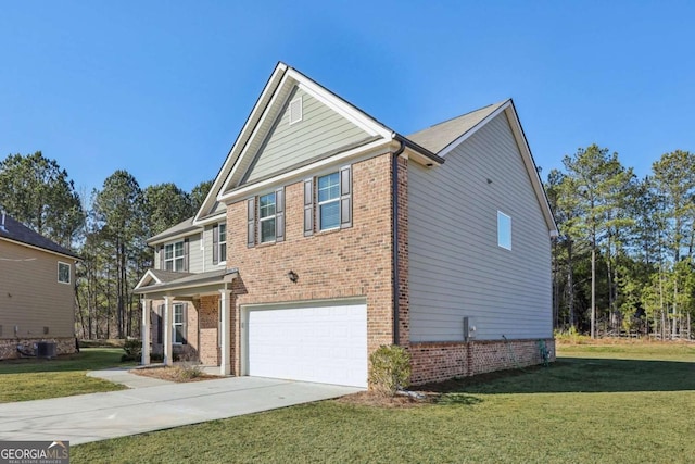 view of front of property with a garage, a front lawn, and central air condition unit