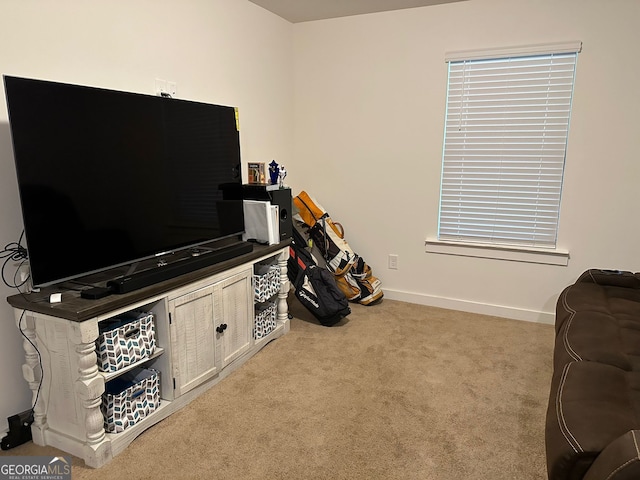 interior space featuring light carpet