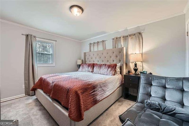 bedroom featuring light colored carpet and crown molding