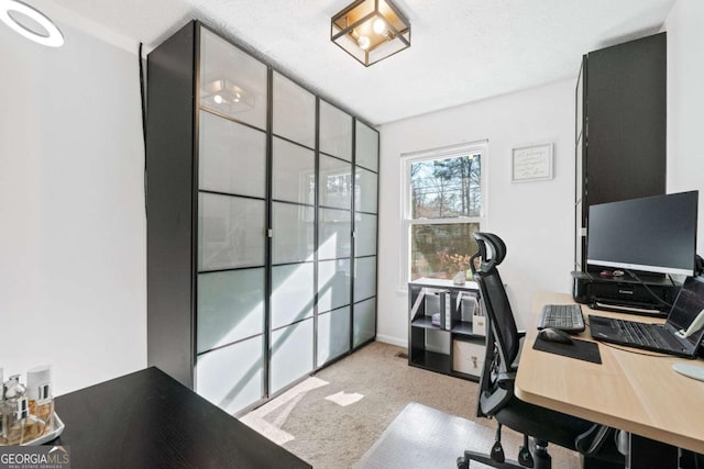 carpeted office space with a textured ceiling