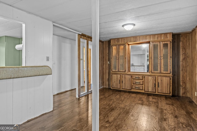 interior space featuring dark wood-type flooring and wooden walls