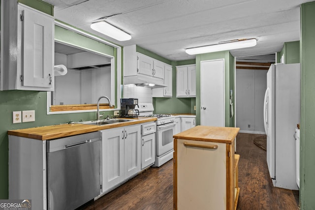 kitchen featuring wood counters, white appliances, white cabinetry, and sink