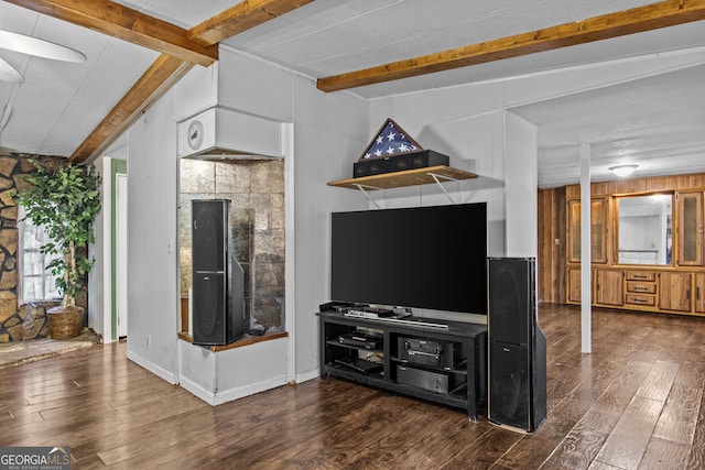 living room with lofted ceiling with beams, wood walls, and dark wood-type flooring