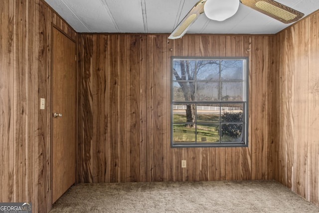 unfurnished room featuring carpet flooring, a wealth of natural light, and wood walls