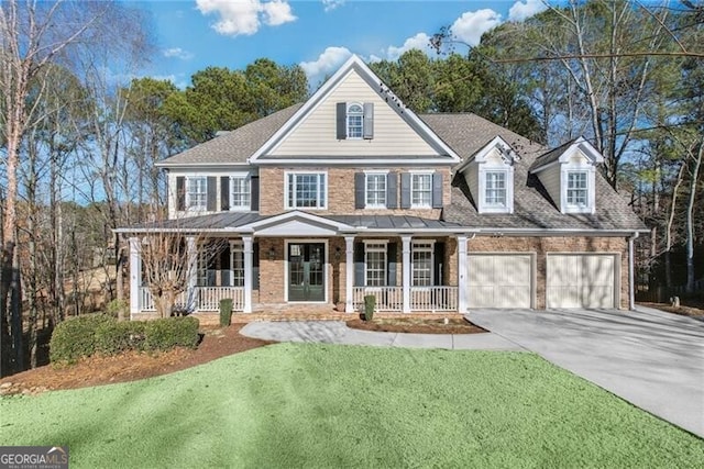 view of front of home with covered porch, a front yard, and a garage